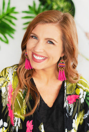 Hot Pink Leopard Tear Drop Tassel Earrings